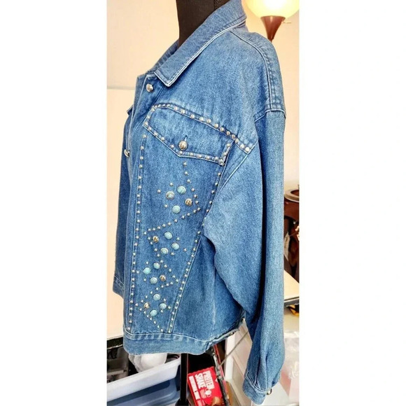 Vintage I.B. Diffusion Denim Jean Jacket Silver & Turquoise Studs Size 1… - Picture 11 of 14